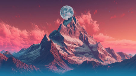 Gradient mountain landscape with full moon. Generative aiの素材