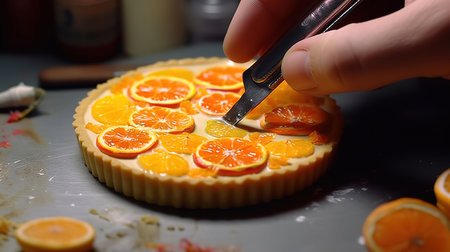 Unrecognizable cutting orange tart. Generative aiの素材