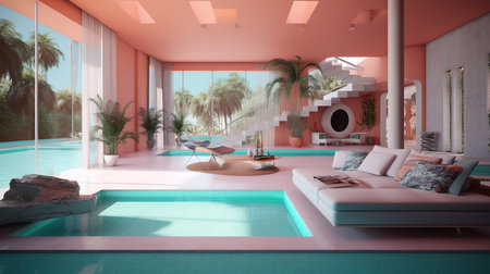 Sunny, tranquil modern luxury home showcase interior living room. Generative aiの素材