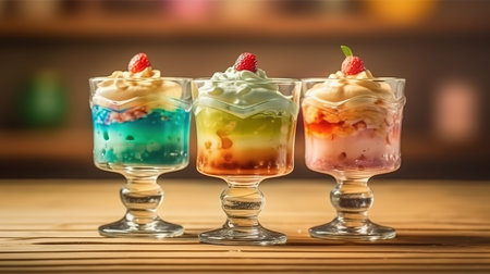Crystal glasses with delicious pudding on cabinet. Generative aiの素材