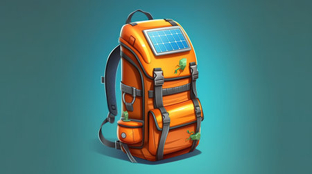 illustration of African American man wearing backpack with solar panels. Generative aiの素材