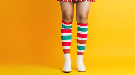 Woman legs with christmas socks with a gift box. Generative aiの素材
