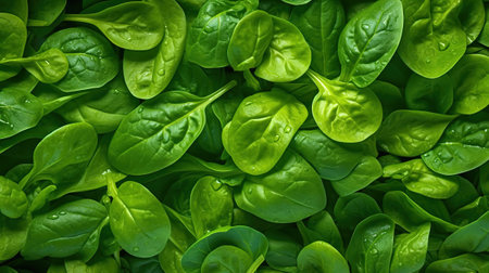 Washed spinach leaves in a bowl on a wooden table. Generative aiの素材