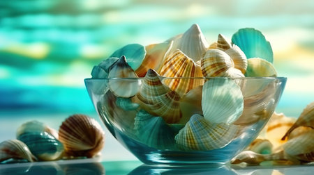 Abstract summer still life with shells on seawater gradient color. Generative aiの素材