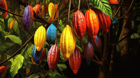 Ripe of cacao plant tree, Bright color. Generative aiの素材