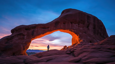 Man illuminates rock with torch as he walks up to desert arch at blue hour. Generative aiの素材