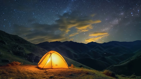 Illuminated tent on hills, bright light of camping on background. Generative aiの素材