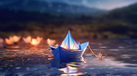 Romantic evening - magical blue paper boat with lantern at the beach. Generative aiの素材