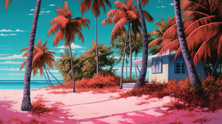 Sunset beach palm trees waves. Generative aiの素材
