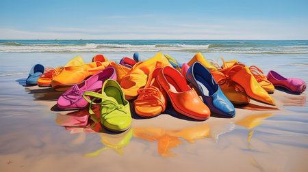 Bunte Papierboote am Strand, Bright color. Generative Aiの素材