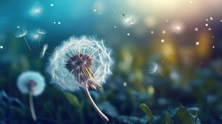 Beautiful white dandelion blown away by the wind, dramatic lighting. Generative Aiの素材