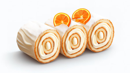 Three slices of roll cake isolated on white. Generative Aiの素材