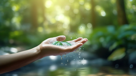 Water pouring in woman hand on nature background, environment concept. Generative Aiの素材