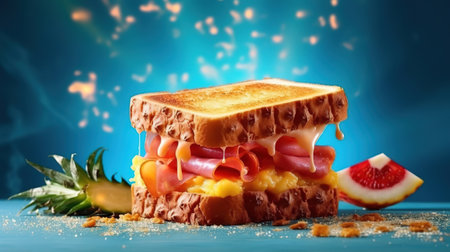 Hot fresh hawaii toast sandwich with ham, pineapple, tomato and cheese. Generative Aiの素材