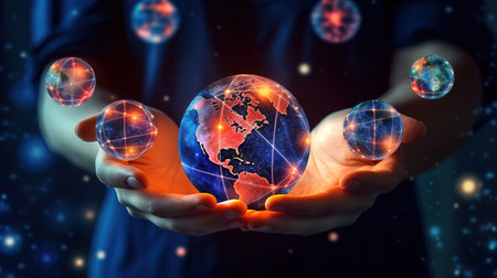Hands holding global network connection icons. Generative Aiの素材