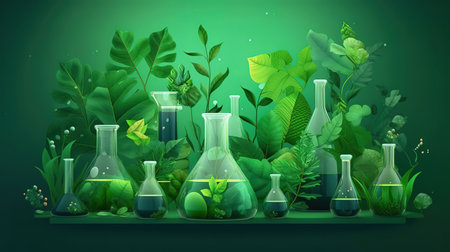 Green leave in nature with chemical molecular structure biological science. Generative Aiの素材