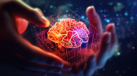 Hand touching data of brain and science on network connection. Generative Aiの素材