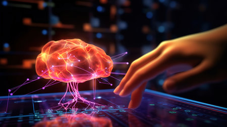 Hands of artificial intelligence touching a brains. Generative Aiの素材