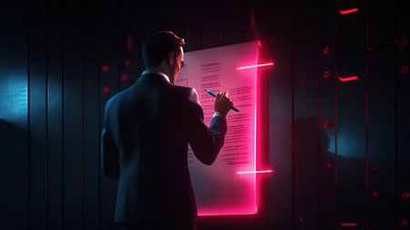 Businessman checking mark on checklist with a red marker on dark background. Generative Aiの素材