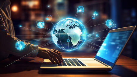 Businessman working with laptop and icon of digital marketing on virtual hologram. Generative Aiの素材