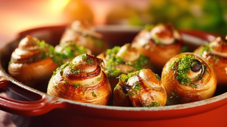 Close up of Baked Bourgogne Escargot Snails with garlic herbs butter. Generative aiの素材