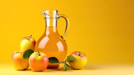A glass jar of juice with green apples and pears around. Generative aiの素材