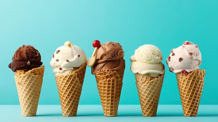 Top view waffle cones with chocolate ice-cream and vanilla ice cream. Generative aiの素材