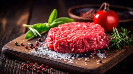 Fresh raw beef minced meat with salt, pepper, olive oil and laurel leaves. Generative aiの素材