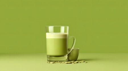 A glass of matcha green tea with latte art on top. Generative aiの素材