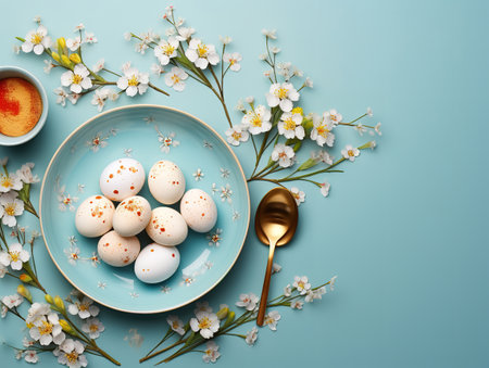 Easter invitation with eggs and daisies on a blue background with copy space. Generative Aiの素材