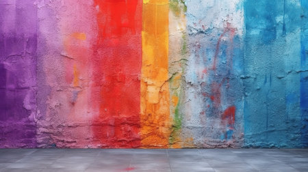 Multicolored powder from holi festival on red brick sidewalk. Generative AIの素材