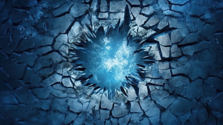 Ice winter background, dark hole, cracks grunge texture blue wallpaper. Generative AIの素材