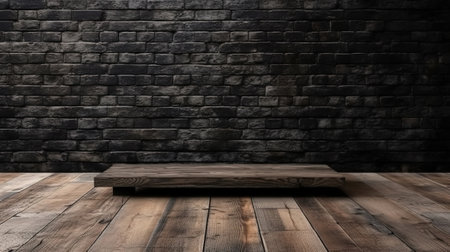 3d wooden table looking out to a brick wall. Generative AIの素材