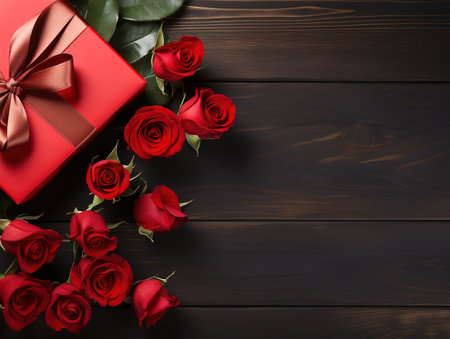 Red roses with ribbon on table. Generative Aiの素材