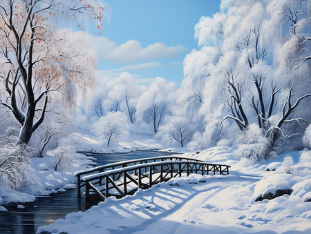 Snow falling in park and a walking bridge in winter winter landscapeの素材