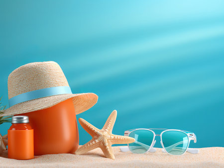 Top view travel camera with hat and sunglassesの素材