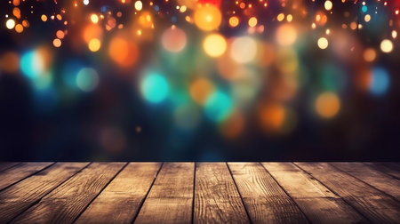 3d christmas background with wooden table looking out to a bokeh lights design. Generative AIの素材
