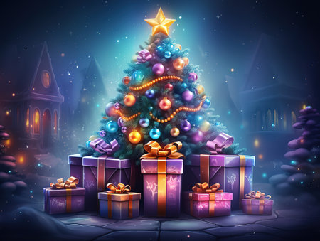 Background with baubles on a christmas treeの素材