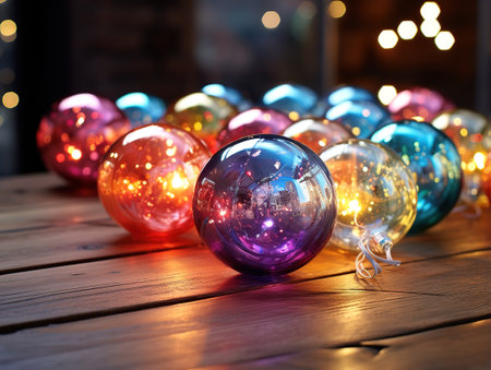 Selective focus shot of golden and purple balls in a christmas corner compositionの素材