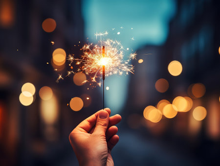 Burning sparklers in the hands of a young woman in the darkの素材