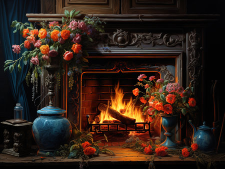Cute christmas scene background with fireplaceの素材