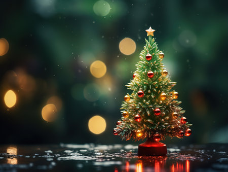 Realistic background with beautiful decorated christmas tree and snow banksの素材