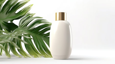 blank cosmetic bottle mockup with tropical palm leafの素材