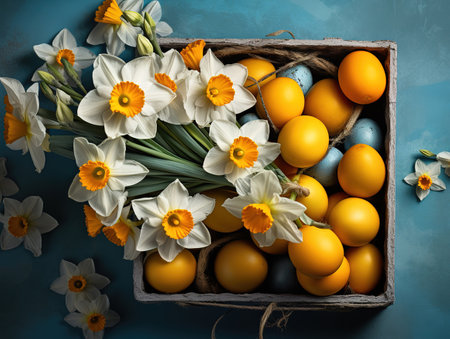 Tulips near box with eggsの素材