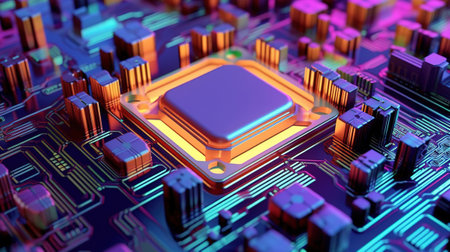 illustration, Microchip architecture such as a CPU under the microscopeの素材