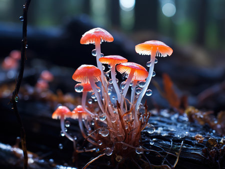 Pink burn cup mushrooms are growing up from the decomposed branchの素材