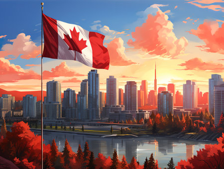 Attractive A canada flag is flying in front of a dock with a city skyline in the backgroundの素材