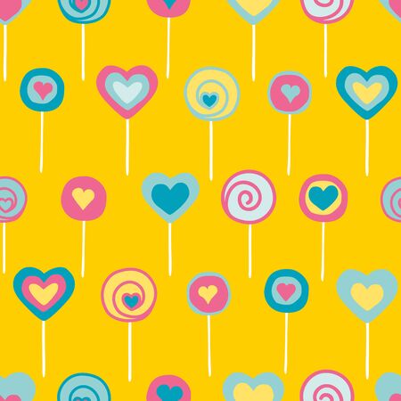 Vector yellow colorful lollipops seamless pattern background. Ideal for fabric, wallpaper, packaging, scrapbooking, children clothes, design projects, bags, prints, party and candy shop decorationのイラスト素材