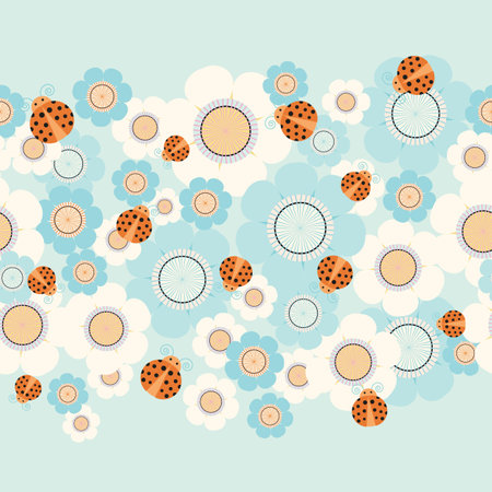 Blue and cream flowers with orange ladybugsのイラスト素材