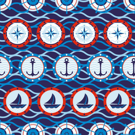 Seamless pattern of holiday nautical symbols and wavesのイラスト素材